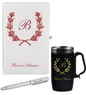Kişiye Özel Olarak Hazırlanmış Hediye Defter Kalem Ve Siyah Termos Mug Seti