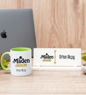 Maden Mühendisi Yeşil Kupa Bardak Ve Masa İsimliği Hediye Seti