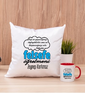 Felsefe Öğretmeni Kare Yastık ve Kırmızı Kupa Bardak