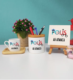 Polis Ahşap Altlıklı Türk Kahvesi Fincanı Kalemlik Dekoratif Taş Baskı Seti