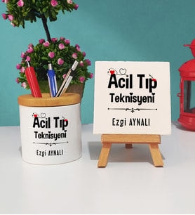 Acil Tıp Teknisyeni Tasarımlı Kişiye Özel Hediye Acil Tıp Teknisyeni Kalemlik ve Dekoratif Taş Baskı Seti
