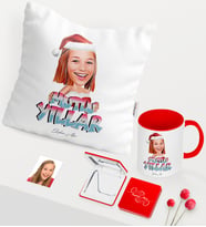 BK Gift Kişiye Özel Yılbaşı Temalı Bayan Karikatürlü Kırmızı Kupa Ayna Yastık Seti - 5