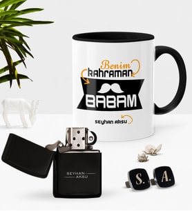 BK Gift Kişiye Özel Benim Kahraman Babam Siyah Kupa Çakmak Kol Düğmesi Seti (Model 1)
