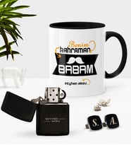 BK Gift Kişiye Özel Benim Kahraman Babam Siyah Kupa Çakmak Kol Düğmesi Seti (Model 1)