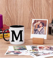 Baş Harfli Siyah Kupa Bardak ve Ahşap Standlı Polaroid Set