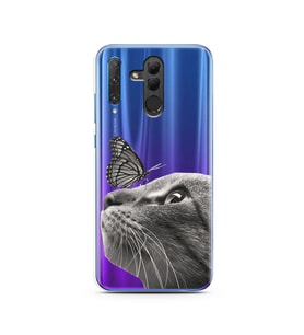 Kedi Kelebek Tasarımlı Süper Şeffaf Silikon Telefon Kılıfı Huawei Honor 20 Lite