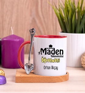 Maden Teknolojisi Öğretmeni Ahşap Altlıklı Kırmızı Kupa Bardak