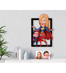BK Gift Kişiye Özel Süper Anne ve Çocuk Karikatürlü 3D Ahşap Tablo-1