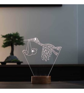 Leylek Led Masa Lambası Doğum Hediyesi Gece Lambası Ahşap Taban 7 Farklı Işık Renkli