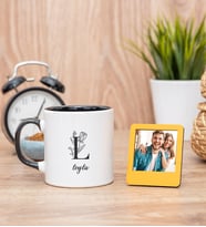 Baş Harfli Çiçek Tasarım Siyah Kupa Bardak ve Sarı Mini Fotoğraf Çerçevesi