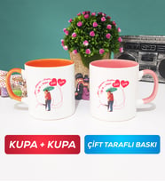 İkili Sevgiliye Sevgililer Günü Hediyesi 3 Kupa Bardak Turuncu Pembe
