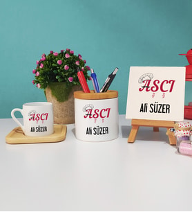 Aşçı Tasarımlı Kişiye Özel Hediye Aşçı Ahşap Altlıklı Türk Kahvesi Fincanı Kalemlik Dekoratif Taş Baskı Hediye Seti