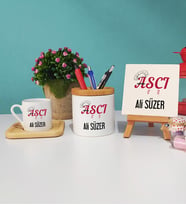 Aşçı Tasarımlı Kişiye Özel Hediye Aşçı Ahşap Altlıklı Türk Kahvesi Fincanı Kalemlik Dekoratif Taş Baskı Hediye Seti