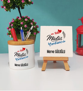 Mesajlı Müdür Yardımcısı Kalemlik ve Dekoratif Taş Baskı Hediye Seti
