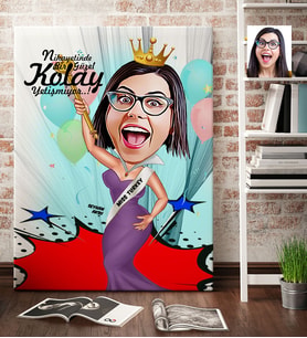 BK Gift Kişiye Özel Bayan Güzellik Kraliçesi Karikatür Kanvas Tablo 70x100cm 1