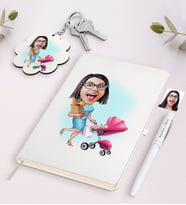 BK Gift Kişiye Özel Ev Hanımı Karikatürlü Beyaz Defter Kalem ve Anahtarlık Hediye Seti-1 (Model 1)