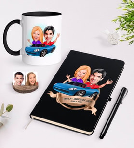 BK Gift Kişiye Özel Yılın En Mükemmel Çifti Karikatürlü Siyah Defter Kalem ve Kupa Seti-52 (Model 1)