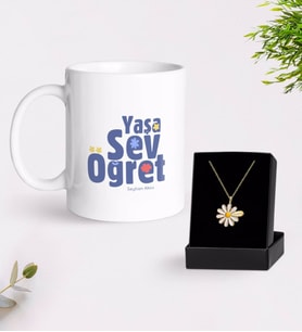 BK Gift Kişiye Özel Yaşa Sev Öğret Kupa Ve Papatya Kolye Hediye Seti-2 (Model 1)