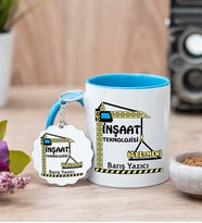 İnşaat Teknolojisi Öğretmeni Mavi Kupa Bardak Ve Anahtarlık Set