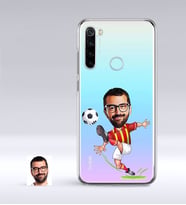 BK Gift Kişiye Özel Sarı Kırmızı Futbolcu Karikatürlü Xiaomi Redmi Note 8 İnce Şeffaf Silikon Telefon Kapağı (Beyaz)