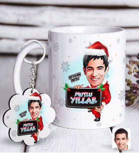 BK Gift Kişiye Özel Erkek Yeni Yıl Karikatürlü Beyaz Kupa ve Anahtarlık Hediye Seti-1 (Model 1)