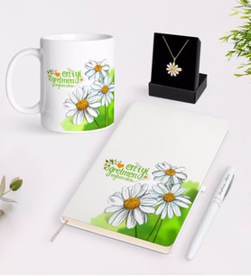 BK Gift Kişiye Özel Papatya Temalı En İyi Öğretmen Beyaz Kupa Defter Kalem ve İsimli Papatya Kolye Hediye Seti-7 (Model 1)