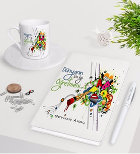BK Gift Kişiye Özel Dünyanın En İyi Öğretmeni Beyaz Defter Kalem Türk Kahvesi Fincanı Seti-27 (Model 1)