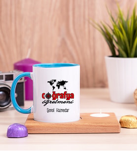 Coğrafya Öğretmeni Ahşap Altlıklı Mumlu Mavi Kupa Bardak