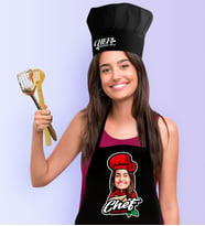 BK Gift Kişiye Özel Bayan Chef Karikatürlü Siyah Mutfak Önlüğü Aşçı Şapkası Seti-10