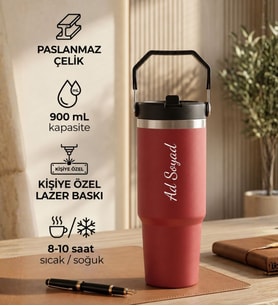 Kişiye Özel İsim Baskılı 900 mL. Pipetli Kırmızı Çelik Termos Hediyelik Termos
