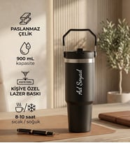 Kişiye Özel İsim Baskılı 900 mL. Pipetli Siyah Çelik Termos Hediyelik Termos