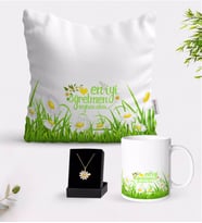 BK Gift Kişiye Özel Papatya Temalı En İyi Öğretmen Beyaz Kupa Yastık ve İsimli Papatya Kolye Hediye Seti-3 (Model 1)