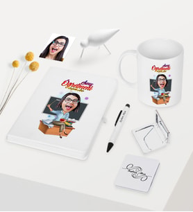 BK Gift Kişiye Özel Bayan Öğretmen Temalı Karikatürlü Beyaz Defter Kalem Kupa Ayna Seti - 2