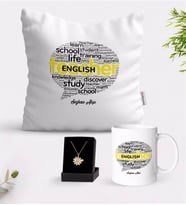 BK Gift Kişiye Özel İngilizce Öğretmeni Beyaz Kupa Yastık ve İsimli Papatya Kolye Hediye Seti-13 (Model 1)