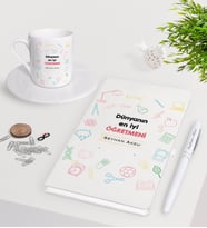 BK Gift Kişiye Özel Dünyanın En İyi Öğretmeni Beyaz Defter Kalem Türk Kahvesi Fincanı Seti-14 (Model 1)