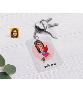 BK Gift Kişiye Özel Kız Çocuk Karikatürlü Şeffaf Pleksi Anahtarlık-5 (Beyaz)