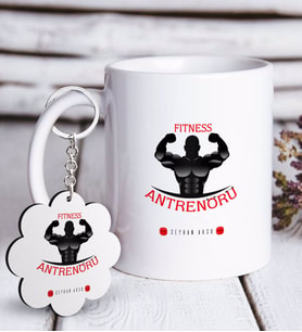 BK Gift Kişiye Özel Mesleki Fitness Antrenörü Beyaz Kupa ve Anahtarlık Hediye Seti-3 (Model 1)