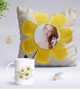 BK Gift Kişiye Özel Fotoğraflı Papatya Yastık Kupa ve İsimli Papatya Kolye-12 (Model 1)