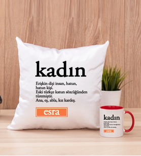Kadın Kelime Anlamı Kare Yastık ve Kırmızı Kupa Bardak