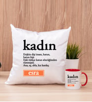 Kadın Kelime Anlamı Kare Yastık ve Kırmızı Kupa Bardak