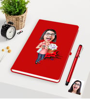 BK Gift Kişiye Özel Ev Hanımı Anne Karikatürlü Kırmızı Defter Kalem Seti - 2