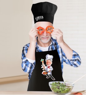 BK Gift Kişiye Özel Bay Chef Karikatürlü Siyah Mutfak Önlüğü Aşçı Şapkası Seti-5