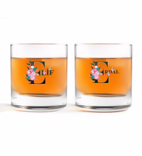 BK Gift Kişiye Özel Renkli Baskılı Harfli İkili Viski Bardağı-1 (Beyaz)