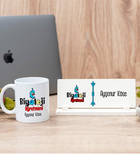 Biyoloji Öğretmeni Beyaz Kupa Bardak Ve Masa İsimliği Hediye Set