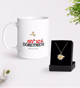 BK Gift Kişiye Özel Biyoloji Öğretmeni Beyaz Kupa ve Papatya Kolye Hediye Seti (Model 1)