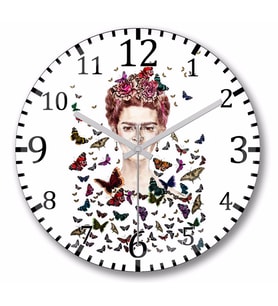Frida Kahlo Kelebekler  Duvar Saati Bombeli Gercek Cam