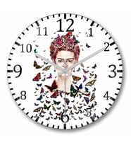 Frida Kahlo Kelebekler  Duvar Saati Bombeli Gercek Cam