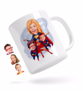 BK Gift Kişiye Özel Süper Anne ve Süper Çocuklar Karikatürlü Beyaz Kupa Bardak