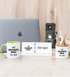 Matematik Mühendisi Yeşil Kupa Bardak Kalemlik Ve Masa İsimliği Hediye Seti