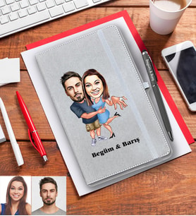 Kişiye Özel Sevgili Karikatürlü Gri Defter Kalem Hediye Seti Model 3